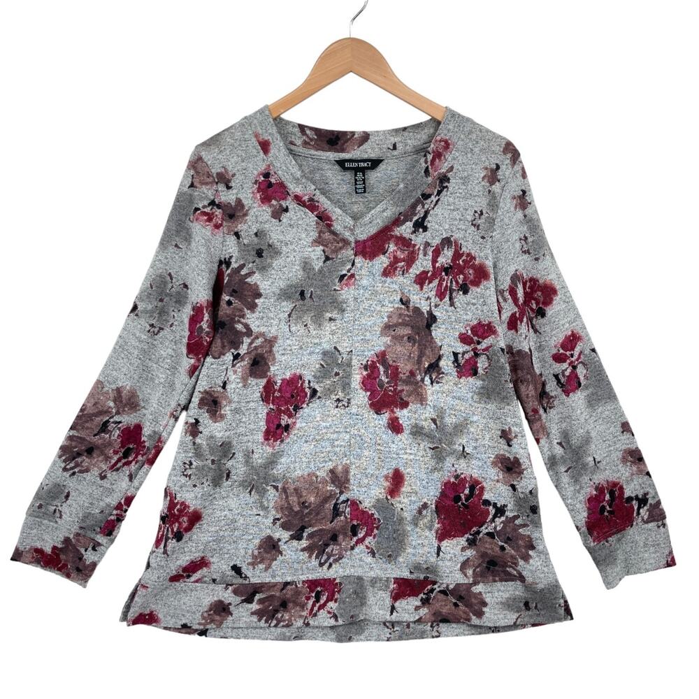 Ellen Tracy Sweater Womens XL Gray Floral Knit Long Sleeve V Neck Slit Pullover